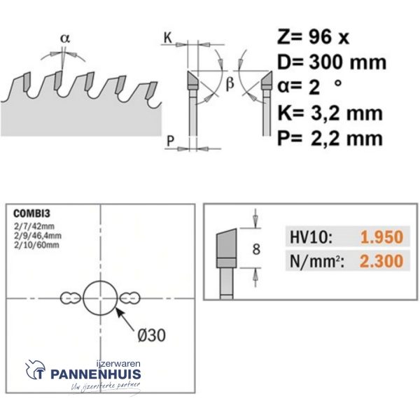 CMT Platencirkelzaag HW 300x30x3,2 Z96 Melamine, Dunne houtsoorten - Afbeelding 2