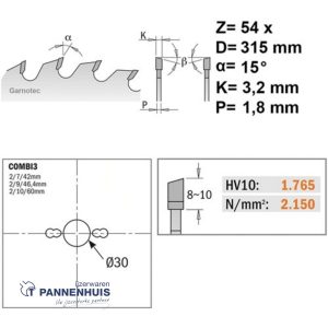 CMT Afkortcirkelzaag HW 315x30x3,2 Z54 Massieve houtsoorten