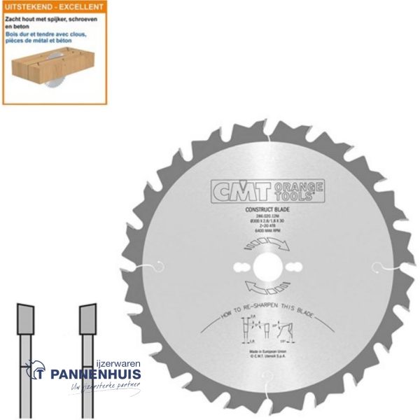 CMT Bouwcirkelzaag HW 300x30x2,8 Z20 Hout met spijkers