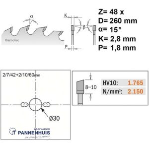 CMT Afkortcirkelzaag HW 260x30x2,8 Z48 Massieve houtsoorten, Multiplex