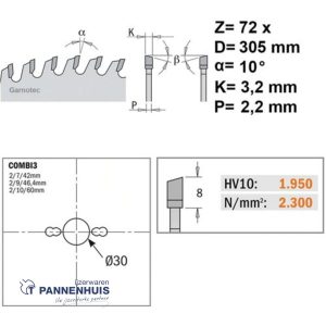 CMT Afkortcirkelzaag HW 305x30x3,2 Z72 Massieve houtsoorten