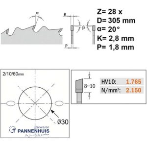 CMT Schulpcirkelzaag HW 305x30x2,8 Z28 Massieve houtsoorten