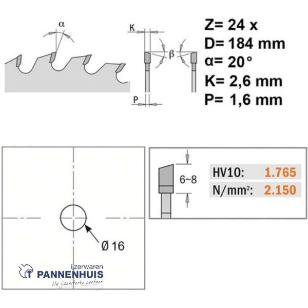 CMT Universele cirkelzaag HW 184x16x2,6 Z24 Massieve houtsoorten, Multiplex - Afbeelding 2