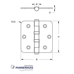 Bilscharnier ronde hoeken 76×76 mm, RVS, H36776763103