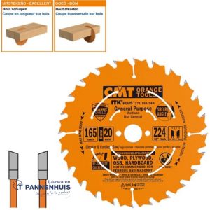 CMT Schulpcirkelzaag HW 165×20(+15,87)x1,7 Z24 Massieve houtsoorten, Multiplex