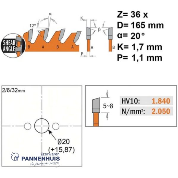 CMT Universele cirkelzaag HW 165x20(+15,87)x1,7 Z36 Massieve houtsoorten, Multiplex - Afbeelding 2