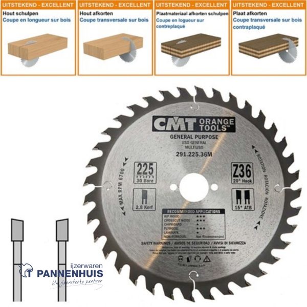 CMT Universele cirkelzaag HW 225x30x2,8 Z36 Massieve houtsoorten, Multiplex