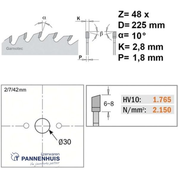 CMT Afkortcirkelzaag HW 225x30x2,8  Z48 Massieve houtsoorten - Afbeelding 2