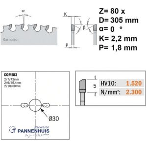 CMT Cirkelzaag HW 305x30x2,2 Z80 Ferro- en non-ferro metalen, sandwich panelen