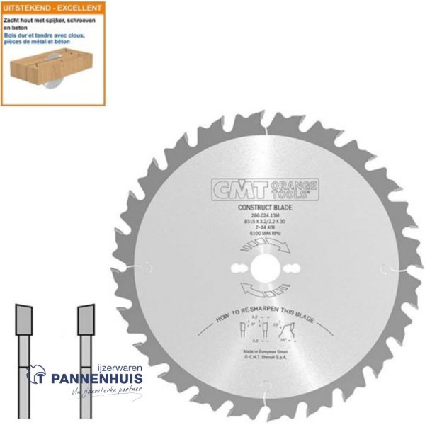 CMT Bouwcirkelzaag HW 315x30x3,2 Z24 Hout met spijkers