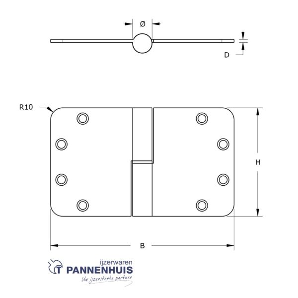 Kogelstiftpaumelle ronde hoeken 89x125 mm DIN rechts (belgisch links) RVS geborsteld - Afbeelding 2