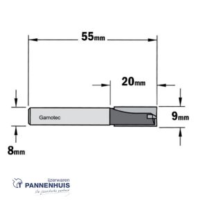 CMT Rechte groeffrees, HW D= 9 x 20mm L=55 S=8 Z2+1