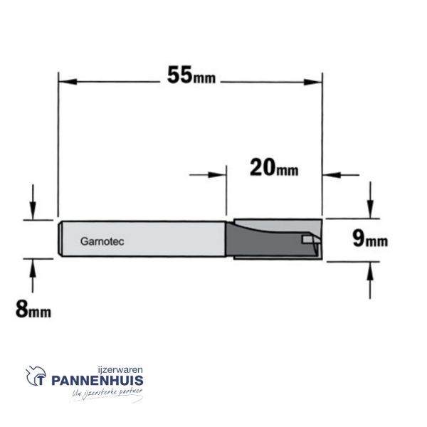 CMT Rechte groeffrees, HW D= 9 x 20mm L=55 S=8 Z2+1 - Afbeelding 2