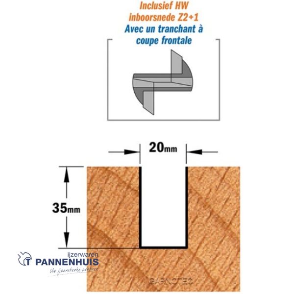 Rechte groeffrees, D=20, I=35, L=90, Z=Z2+1, S=Ø12, Kwaliteit=HW - Afbeelding 3