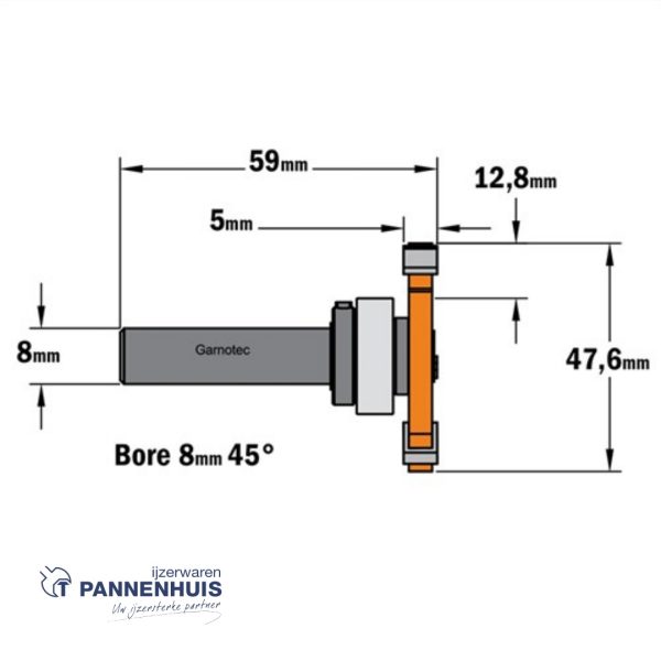 CMT Schijffrees met freesdrager + kogellager zonder sluitmoer, HW D=47,6 x 5mm L=59 S=8 Z3 - Afbeelding 2