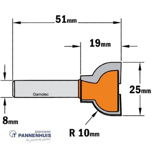 CMT Kruishoutverbindingsfrees prof. A, HW D=25 x 19mm R=10 L=51 S=8 Z2 - Afbeelding 2