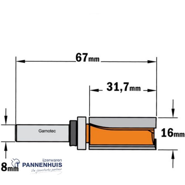 CMT Groeffrees met kogellager HW D=16 x 31.7 L=66 S=8 Z2 - Afbeelding 2