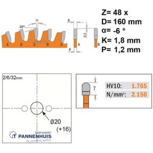 CMT Cirkelzaag HW 160×20(+16)x1,8 Z48 Aluminium, Composiet