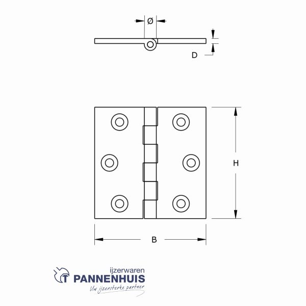 Smalscharnier 40x35x1,6 mm vaste pen massief messing - Afbeelding 2