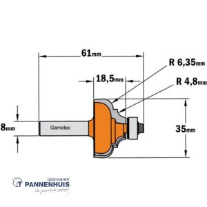 CMT Profielfrees met kogellager, HW D=35 x 18.5mm R=6,4 L=61 S=8 Z2