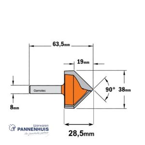 CMT V-groef frees 90° HW D=38 x 19mm 90° L=63,5 S=8 Z2