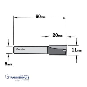 Rechte groeffrees, D=11, I=20, L=60, Z=Z2+1, S=Ø8, Kwaliteit=HW