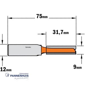 CMT Groeffrees met rechte snijkoppen, HWM D=9 x 31,7mm L=75 S=12 Z2