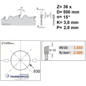 CMT Bouwcirkelzaag HW 500x30x3,8 Z36 Hout met spijkers