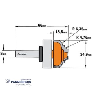 CMT Klassieke profielfrees met kogellager, HW D=34,9 x 18,5mm R=6,35 L=66 S=8 Z2