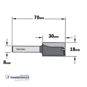 Rechte groeffrees, D=18, I=30, L=70, Z=Z2+1, S=Ø8, Kwaliteit=HW