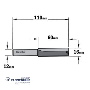 Rechte groeffrees, D=16, I=60, L=110, Z=Z2+1, S=Ø12, Kwaliteit=HW