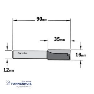 Rechte groeffrees, D=16, I=35, L=90, Z=Z2+1, S=Ø12, Kwaliteit=HW