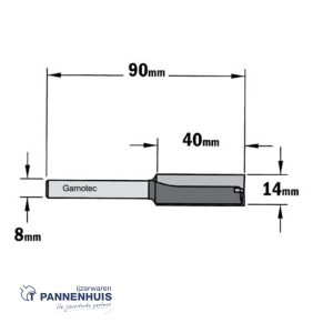 Rechte groeffrees, D=14, I=40, L=90, Z=Z2+1, S=Ø8, Kwaliteit=HW