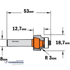 CMT Holle radiusfrees zonder opstaande kant, HW D=18,7 x 12.7mm R=3 L=53 S=8 Z2
