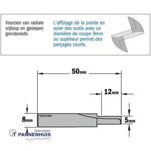 CMT Groeffrees met rechte snijkoppen, HWM D= 5 x 12mm L=50 S=8 Z2
