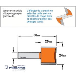 CMT Groeffrees met rechte snijkoppen, HW D=24 x 20mm L=50 S=8 Z2