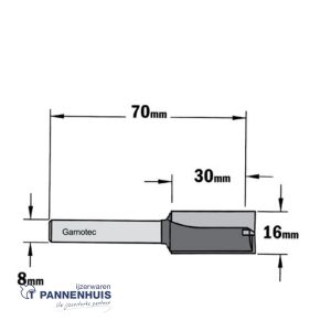 Rechte groeffrees, D=16, I=30, L=70, Z=Z2+1, S=Ø8, Kwaliteit=HW