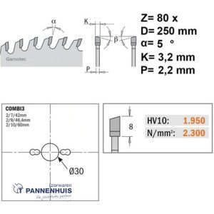 CMT Cirkelzaag fijne afwerking HW 250x30x3,2 Z80 Massieve houtsoorten
