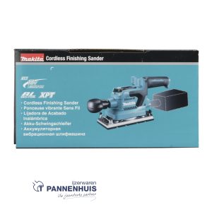 Makita DBO380Z Afwerkschuurmachine met ingebouwd stofafzuigsysteem.