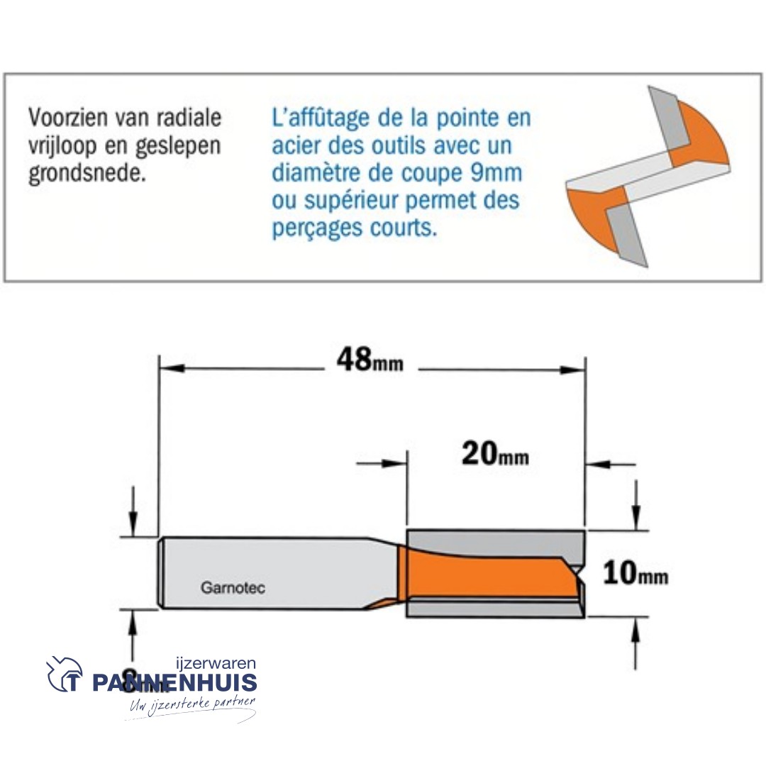 CMT Groeffrees met rechte snijkoppen, HW D=10 x 20mm L=48 S=8 Z2 - Afbeelding 2