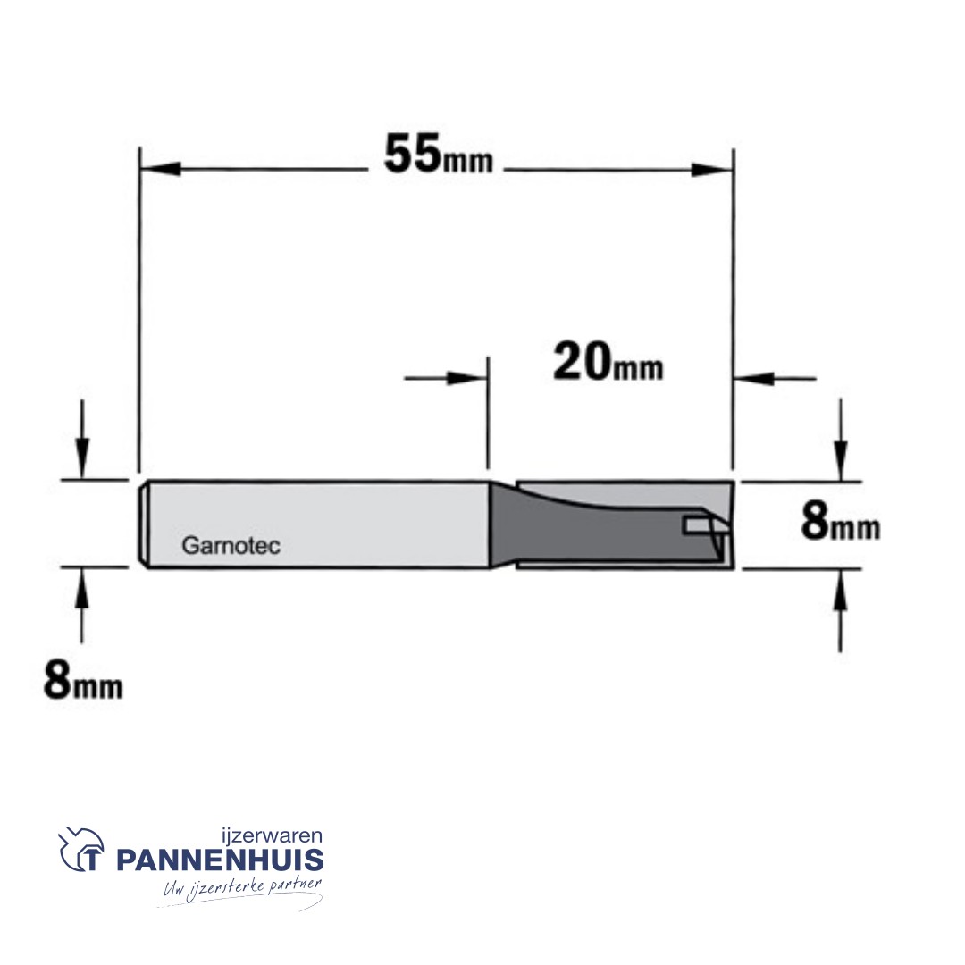 CMT Rechte groeffrees, HW D= 8 x 20mm L=55 S=8 Z2+1 - Afbeelding 2