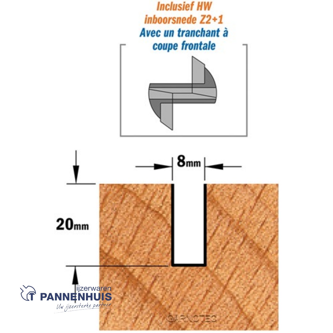 CMT Rechte groeffrees, HW D= 8 x 20mm L=55 S=8 Z2+1 - Afbeelding 3