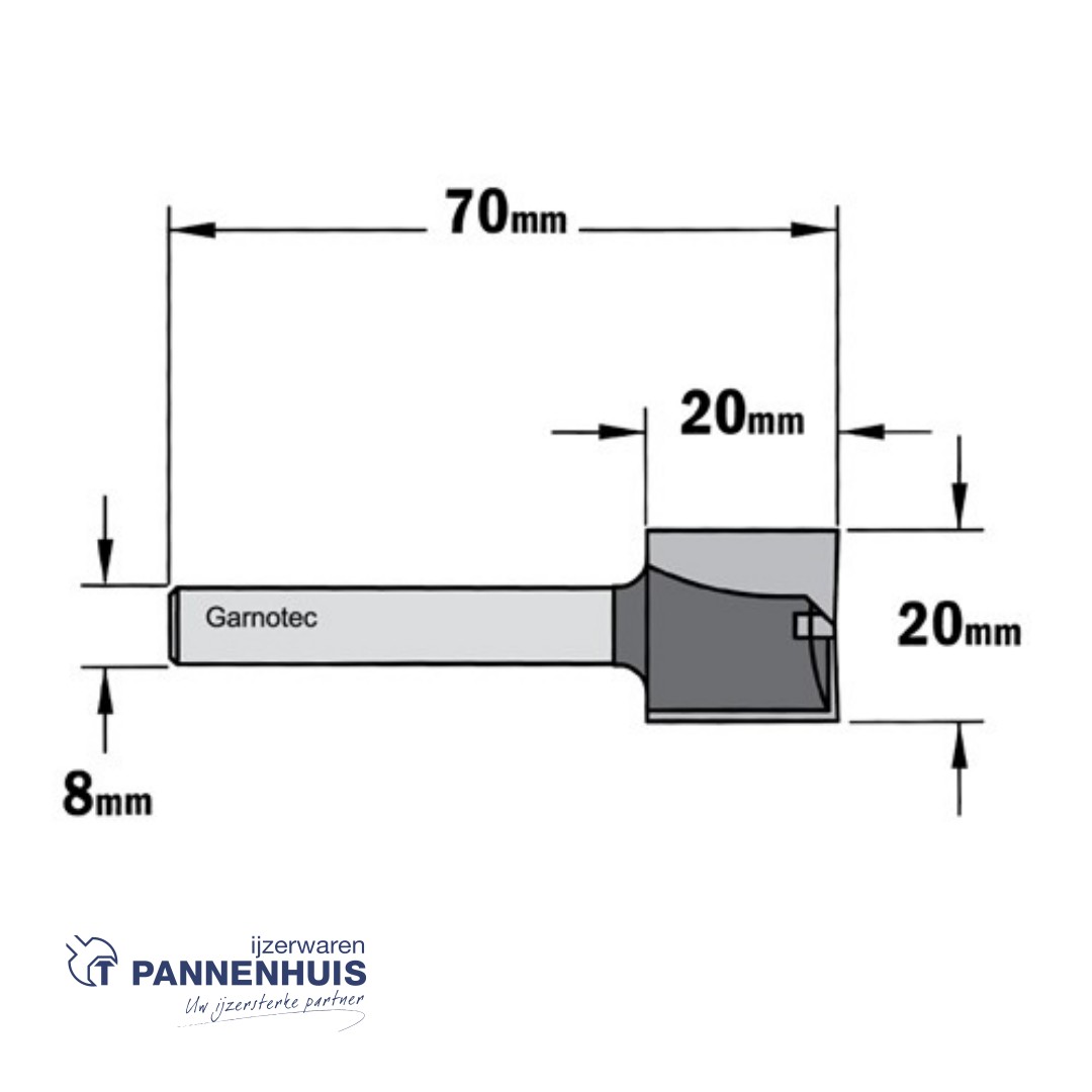 Rechte groeffrees, D=20, I=20, L=70, Z=Z2+1, S=Ø8, Kwaliteit=HW - Afbeelding 2