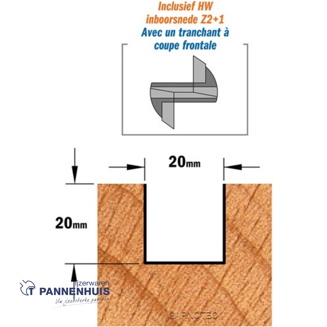 Rechte groeffrees, D=20, I=20, L=70, Z=Z2+1, S=Ø8, Kwaliteit=HW - Afbeelding 3