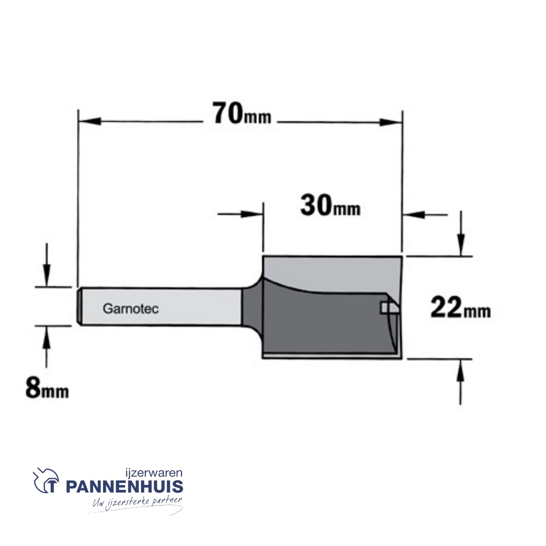 Rechte groeffrees, D=22, I=30, L=70, Z=Z2+1, S=Ø8, Kwaliteit=HW - Afbeelding 2