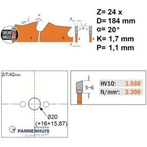 CMT Schulpcirkelzaag HW 184×20(+16 +15,87)x1,7 Z24 Massieve houtsoorten, Multiplex