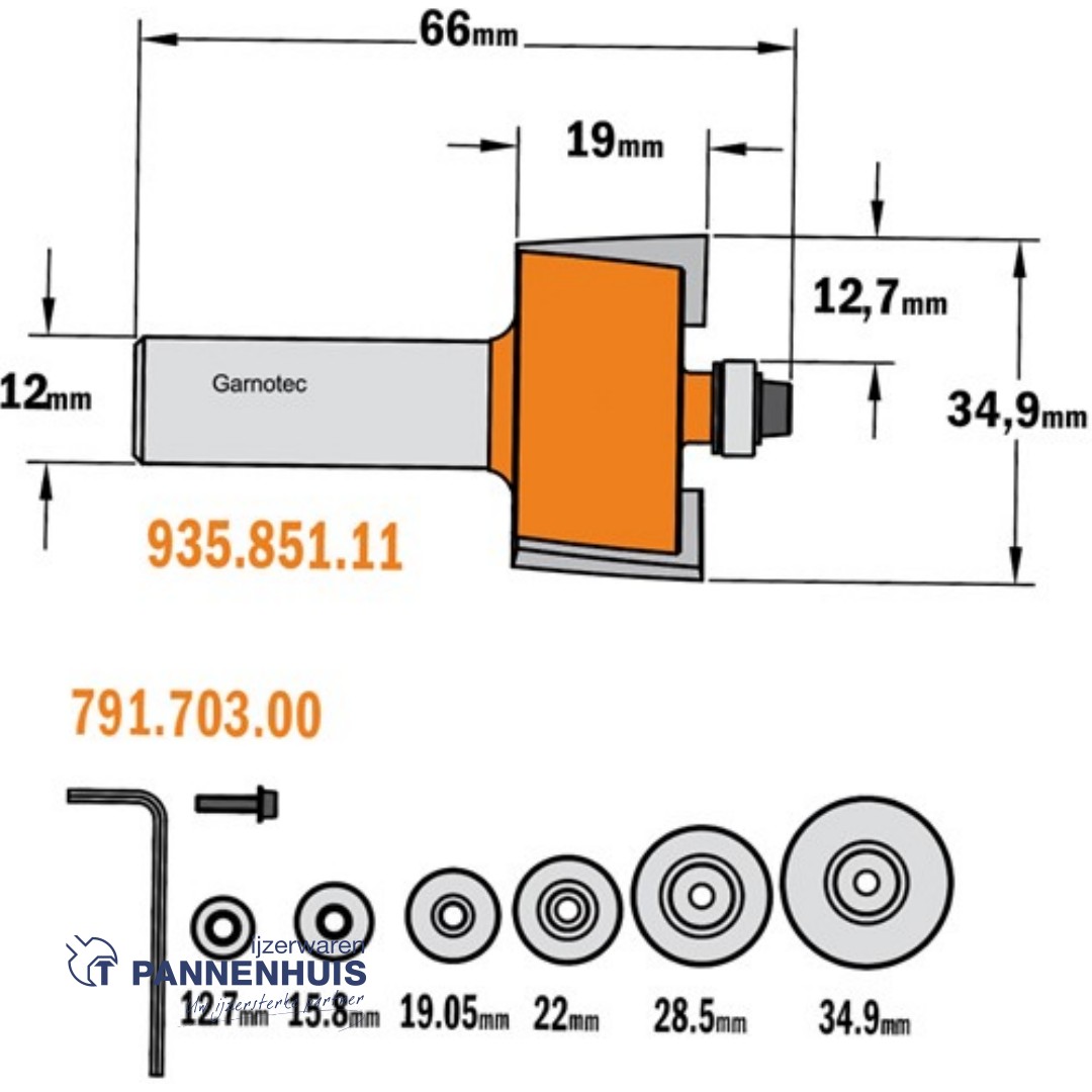 CMT Set met rabatfrees + 6 kogellagers, HW D=34,9 x 19mm L=66 S=12 Z2 - Afbeelding 2