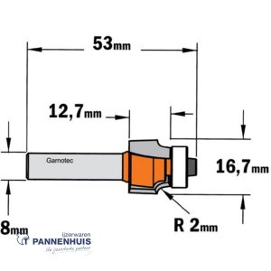 CMT Holle radiusfrees zonder opstaande kant, HW D=16,7 x 12.7mm R=2 L=52,5 S=8 Z2