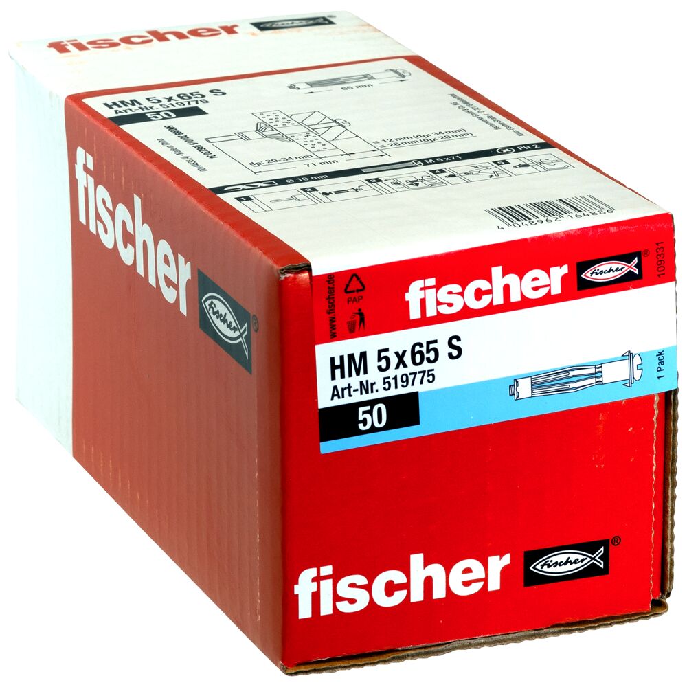 fischer Hollewandplug HM 6 x 52 S met schroef (50st) - Afbeelding 2