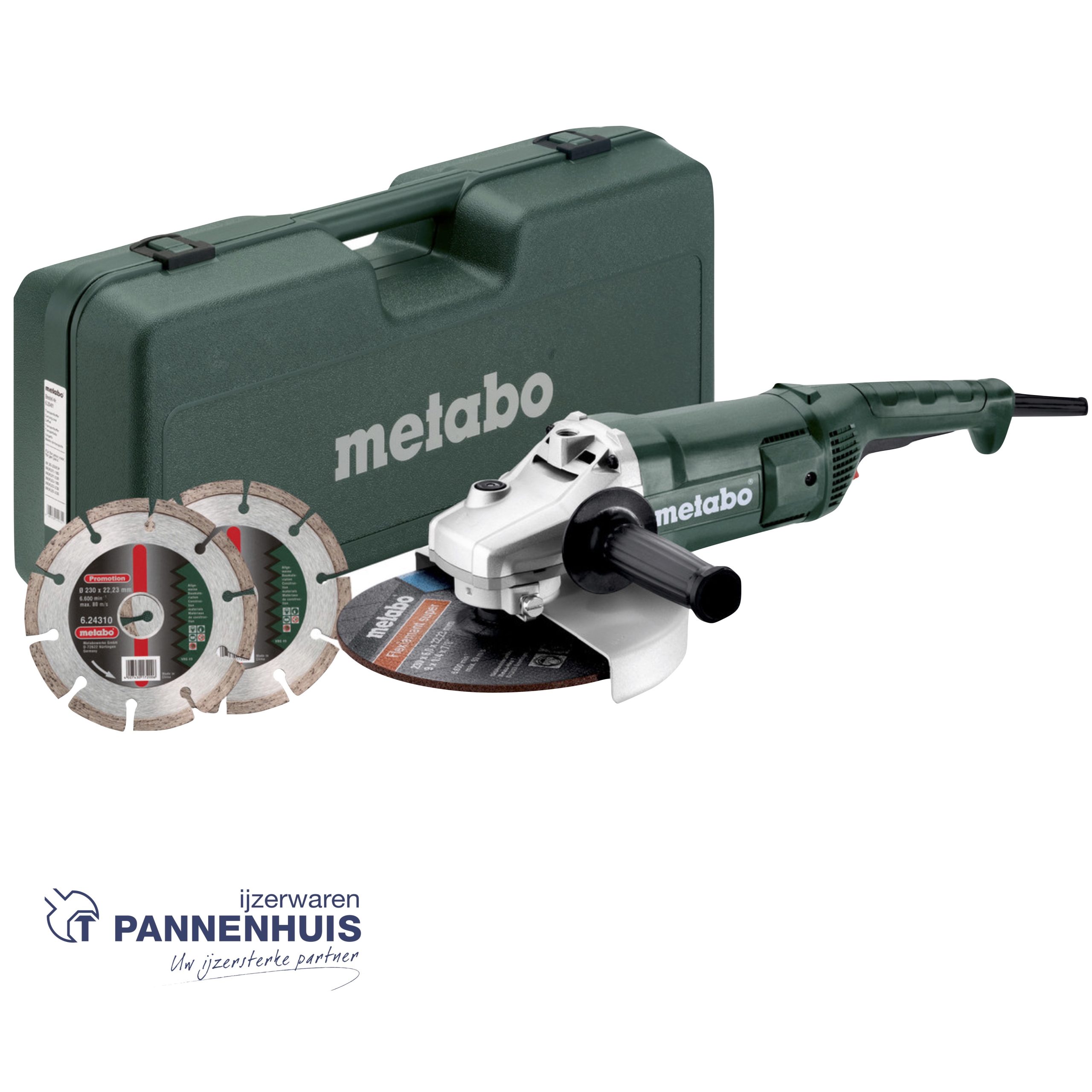 Metabo Set WE 2200-230 Haakse slijper, Kunststof koffer, met 2 diamant-doorslijpschijven